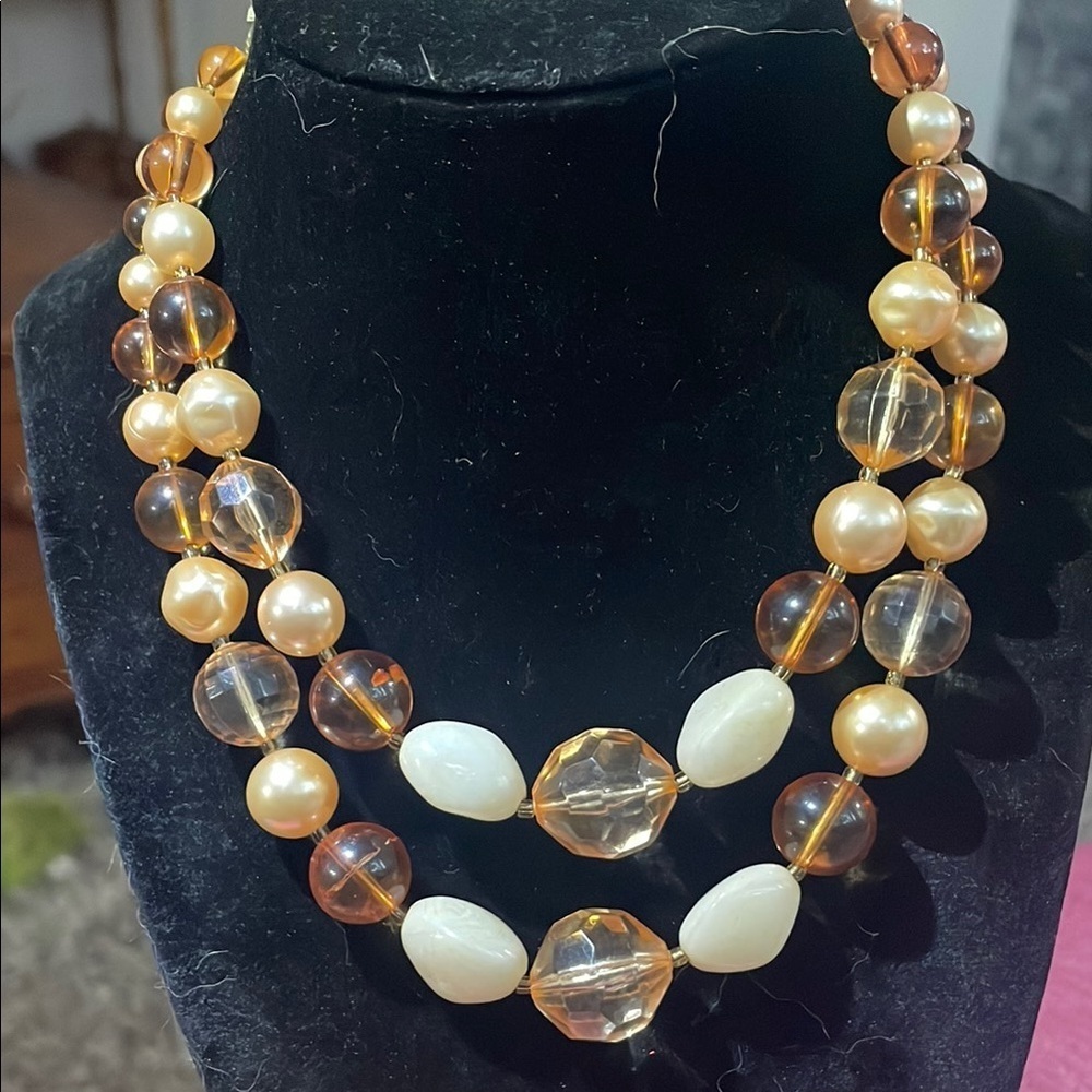 Vintage Japan
 Gold and Cream lucite Beaded Necklace